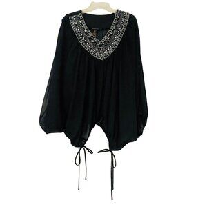 Grass Collection Black Batwing Blouse With Embellished Neckline Women’s Small